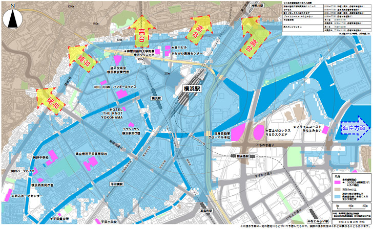 横浜市の公式サイトでは、「都市再生安全確保計画」で津波が来た際の避難誘導方向として、以下のようなPDFを配布しています。